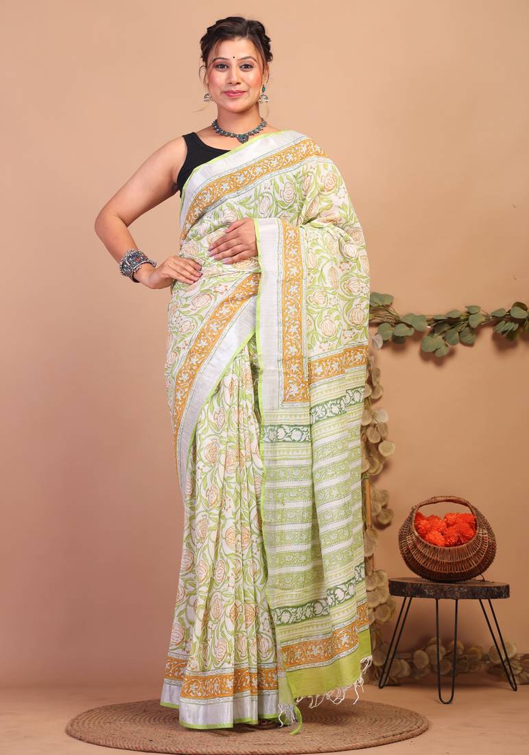 lime green zari work cotton linen bhagalpuri ethnic saree with unstitched blouse