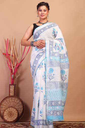 white:blue zari work cotton linen bhagalpuri ethnic saree with unstitched blouse