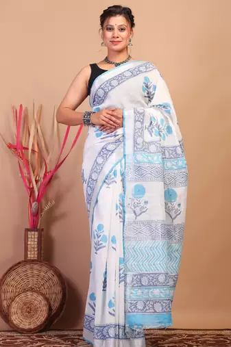 white:blue zari work cotton linen bhagalpuri ethnic saree with unstitched blouse