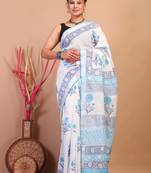 white:blue zari work cotton linen bhagalpuri ethnic saree with unstitched blouse