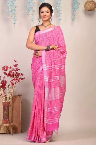 pink zari work cotton linen bhagalpuri ethnic saree with unstitched blouse
