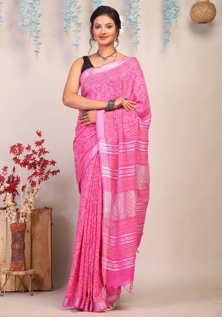 pink zari work cotton linen bhagalpuri ethnic saree with unstitched blouse