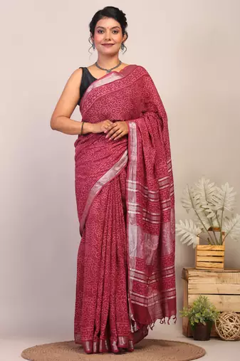 maroon zari work cotton linen bhagalpuri ethnic saree with unstitched blouse