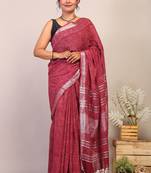 maroon zari work cotton linen bhagalpuri ethnic saree with unstitched blouse