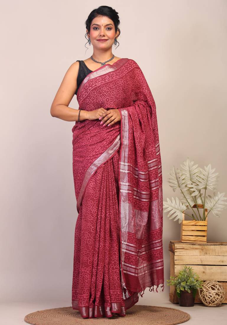 maroon zari work cotton linen bhagalpuri ethnic saree with unstitched blouse