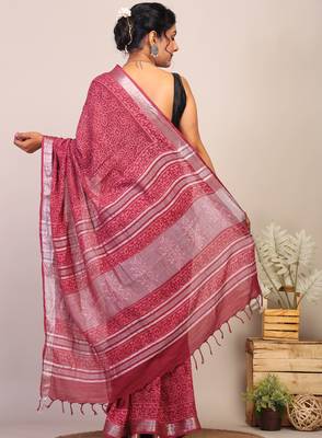 maroon zari work cotton linen bhagalpuri ethnic saree with unstitched blouse 2