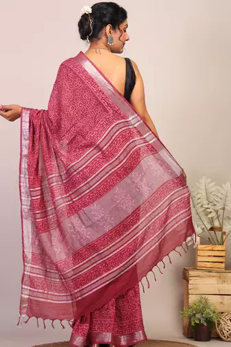 maroon zari work cotton linen bhagalpuri ethnic saree with unstitched blouse