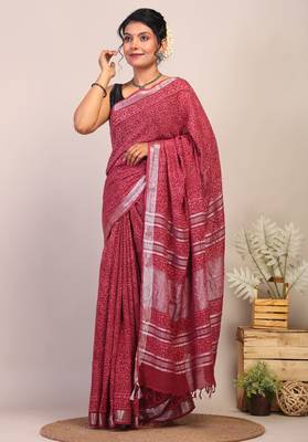 maroon zari work cotton linen bhagalpuri ethnic saree with unstitched blouse 3