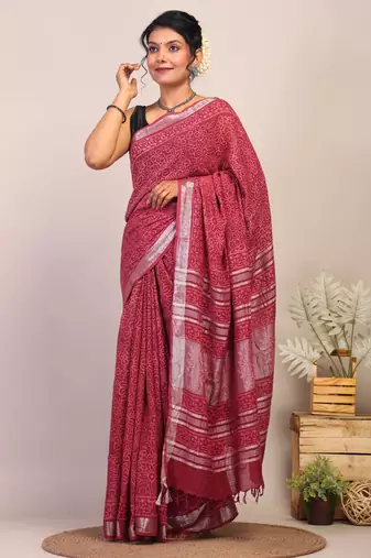 maroon zari work cotton linen bhagalpuri ethnic saree with unstitched blouse
