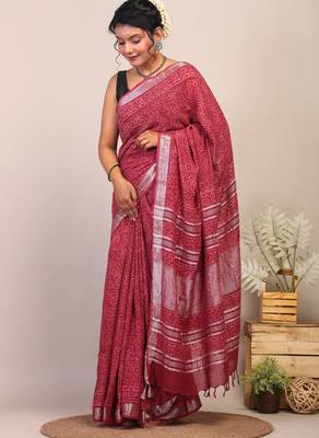 maroon zari work cotton linen bhagalpuri ethnic saree with unstitched blouse 4