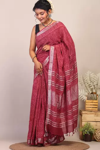 maroon zari work cotton linen bhagalpuri ethnic saree with unstitched blouse