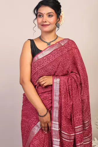 maroon zari work cotton linen bhagalpuri ethnic saree with unstitched blouse