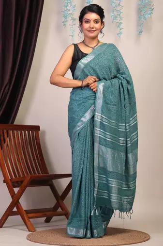 cadmium green zari work cotton linen bhagalpuri ethnic saree with unstitched blouse