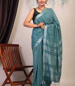 cadmium green zari work cotton linen bhagalpuri ethnic saree with unstitched blouse
