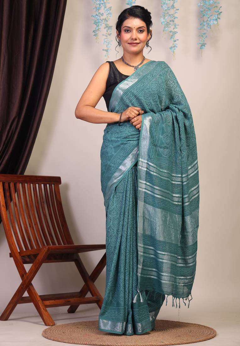 cadmium green zari work cotton linen bhagalpuri ethnic saree with unstitched blouse