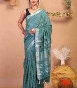 cadmium green zari work cotton linen bhagalpuri ethnic saree with unstitched blouse