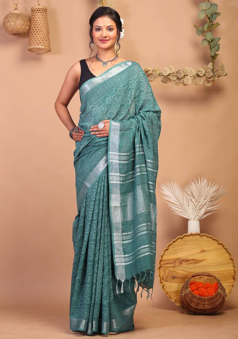 cadmium green zari work cotton linen bhagalpuri ethnic saree with unstitched blouse