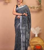 gray zari work cotton linen bhagalpuri ethnic saree with unstitched blouse