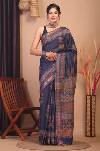 navy blue zari work, dabu embroidery cotton silk blend bhagalpuri ethnic saree with unstitched blouse