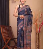 navy blue zari work, dabu embroidery cotton silk blend bhagalpuri ethnic saree with unstitched blouse