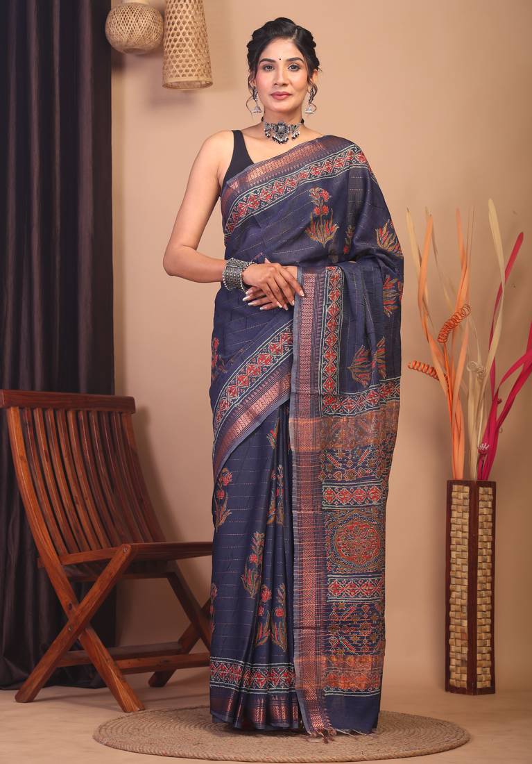 navy blue zari work, dabu embroidery cotton silk blend bhagalpuri ethnic saree with unstitched blouse