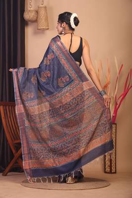 navy blue zari work, dabu embroidery cotton silk blend bhagalpuri ethnic saree with unstitched blouse 2