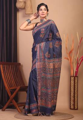 navy blue zari work, dabu embroidery cotton silk blend bhagalpuri ethnic saree with unstitched blouse 3