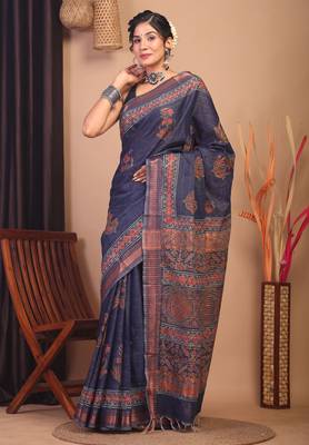 navy blue zari work, dabu embroidery cotton silk blend bhagalpuri ethnic saree with unstitched blouse 4