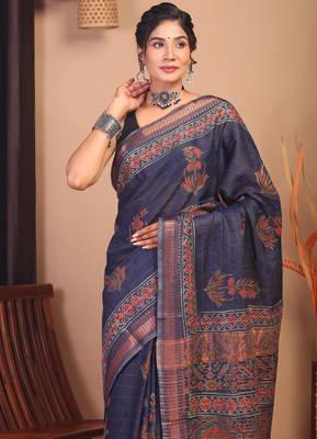 navy blue zari work, dabu embroidery cotton silk blend bhagalpuri ethnic saree with unstitched blouse 5