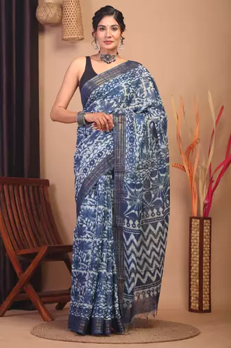 indigo blue zari work cotton silk blend bhagalpuri ethnic saree with unstitched blouse