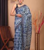 indigo blue zari work cotton silk blend bhagalpuri ethnic saree with unstitched blouse