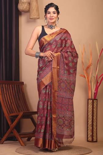 mehroon zari work cotton silk blend bhagalpuri ethnic saree with unstitched blouse