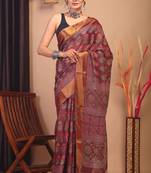 mehroon zari work cotton silk blend bhagalpuri ethnic saree with unstitched blouse