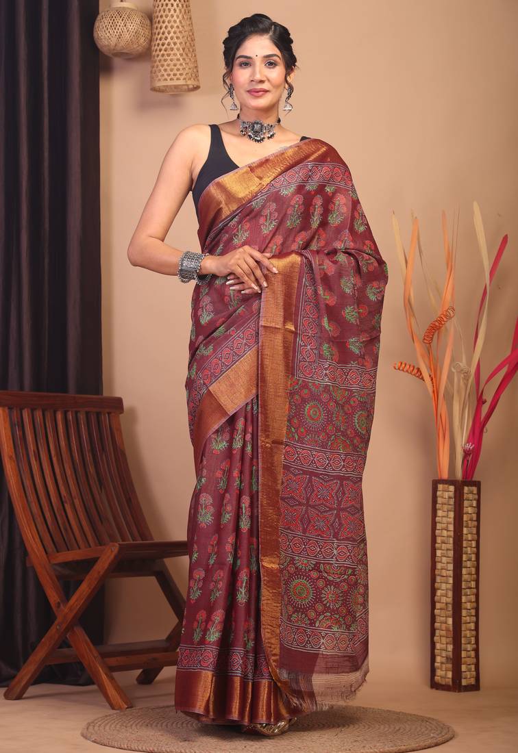 mehroon zari work cotton silk blend bhagalpuri ethnic saree with unstitched blouse