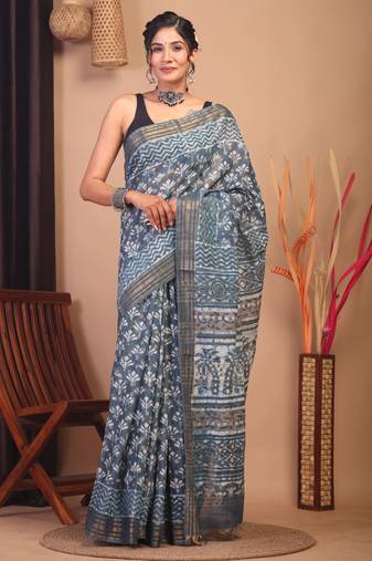 stone blue zari work cotton silk blend bhagalpuri ethnic saree with unstitched blouse