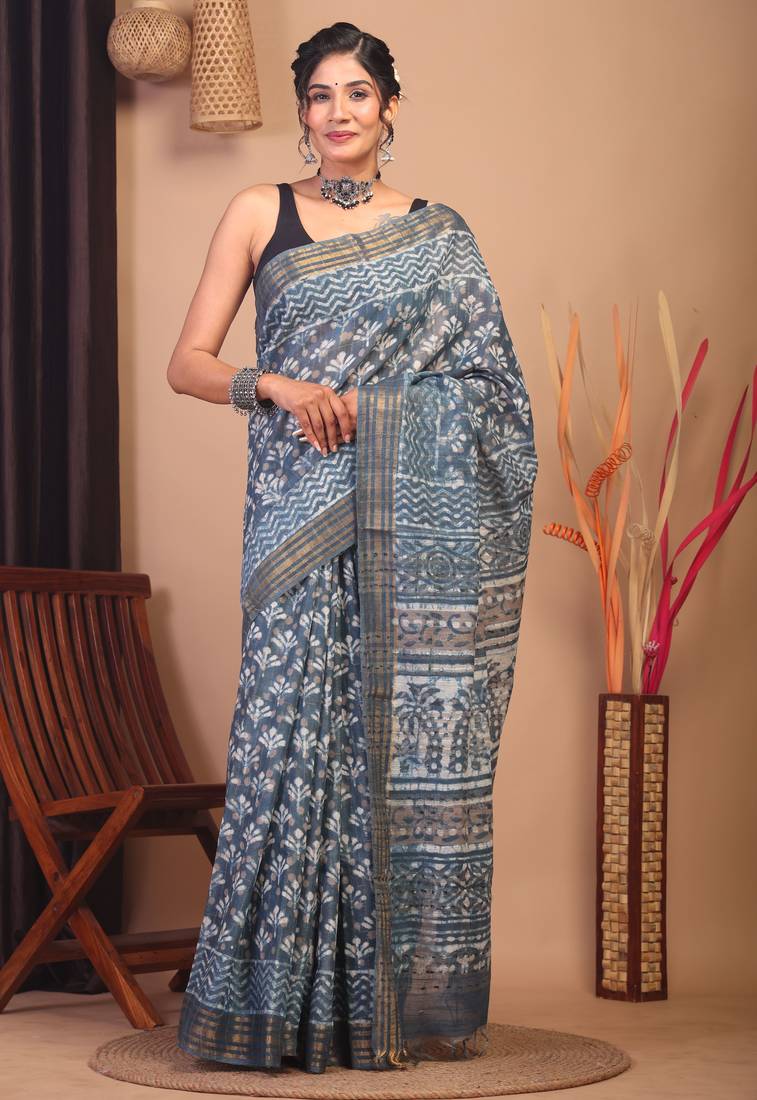 stone blue zari work cotton silk blend bhagalpuri ethnic saree with unstitched blouse