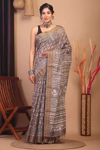 brown zari work cotton silk blend bhagalpuri ethnic saree with unstitched blouse