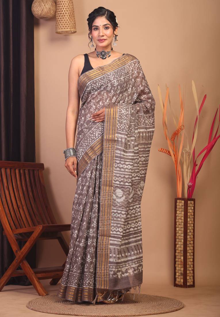 brown zari work cotton silk blend bhagalpuri ethnic saree with unstitched blouse
