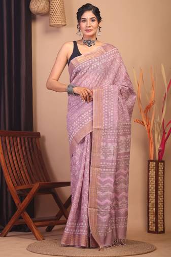 cameo pink zari work cotton silk blend bhagalpuri ethnic saree with unstitched blouse