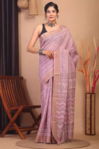 cameo pink zari work cotton silk blend bhagalpuri ethnic saree with unstitched blouse