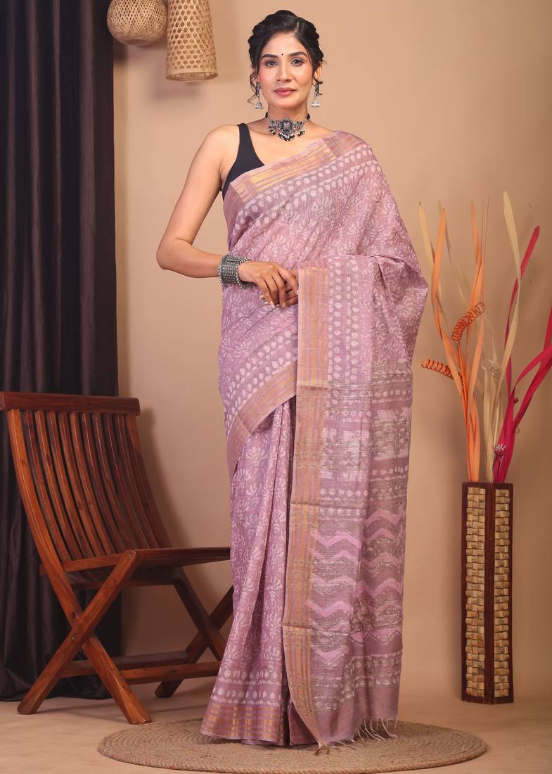 cameo pink zari work cotton silk blend bhagalpuri ethnic saree with unstitched blouse
