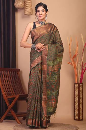 green zari work, dabu embroidery cotton silk blend bhagalpuri ethnic saree with unstitched blouse