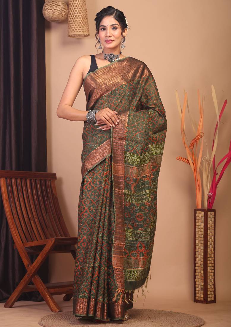 green zari work, dabu embroidery cotton silk blend bhagalpuri ethnic saree with unstitched blouse