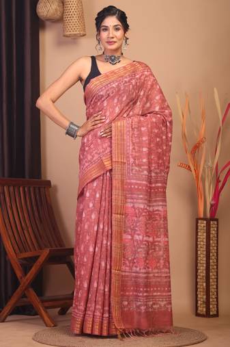 peach zari work cotton silk blend bhagalpuri ethnic saree with unstitched blouse