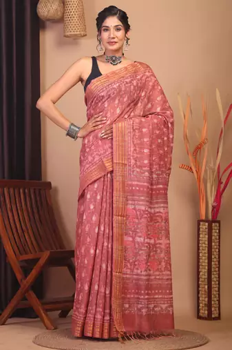 peach zari work cotton silk blend bhagalpuri ethnic saree with unstitched blouse