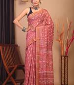 peach zari work cotton silk blend bhagalpuri ethnic saree with unstitched blouse