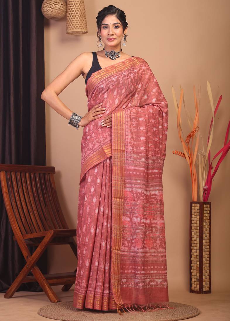 peach zari work cotton silk blend bhagalpuri ethnic saree with unstitched blouse