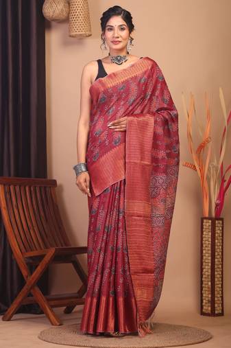 mehroon zari work, dabu embroidery cotton silk blend bhagalpuri ethnic saree with unstitched blouse