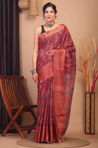 mehroon zari work, dabu embroidery cotton silk blend bhagalpuri ethnic saree with unstitched blouse