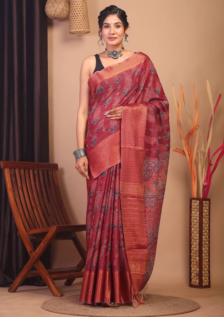 mehroon zari work, dabu embroidery cotton silk blend bhagalpuri ethnic saree with unstitched blouse